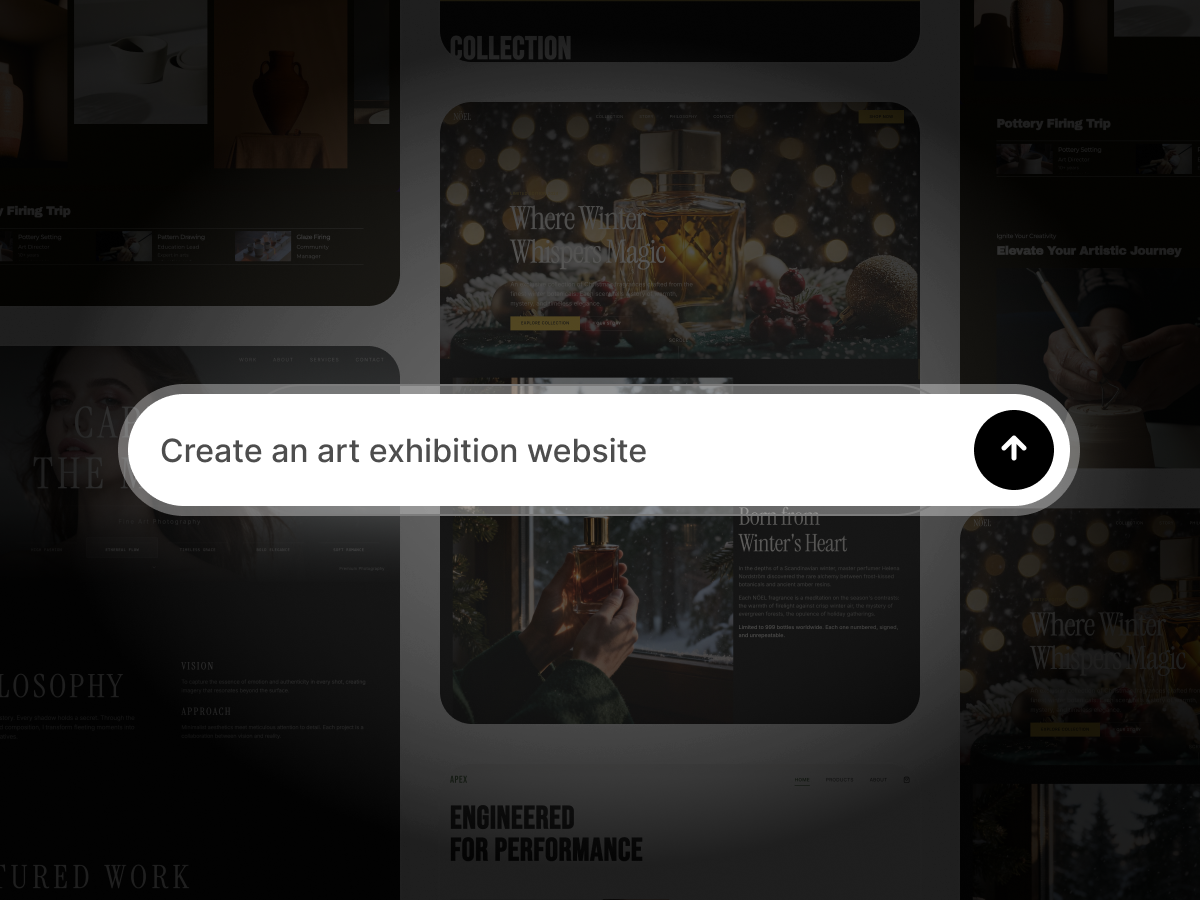 AI website builder interface with text prompt input over a gallery of website templates