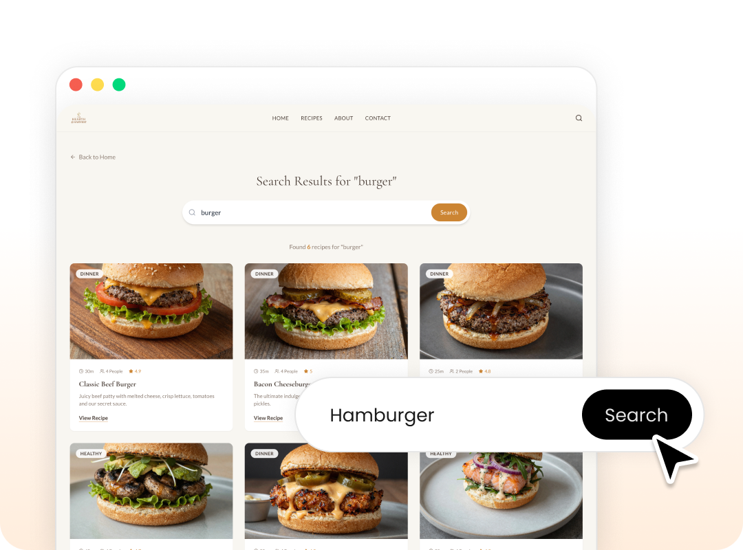 search for hamburger information in the website created by Wegic AI