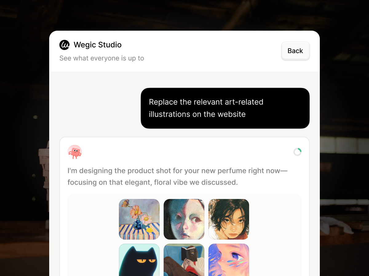 Wegic Studio AI chat interface showing art illustration selection for a website