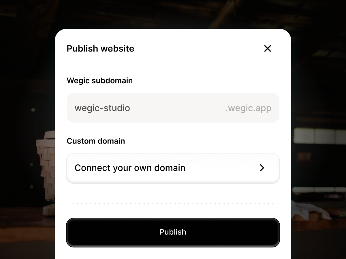 Website publishing settings panel with subdomain and custom domain options