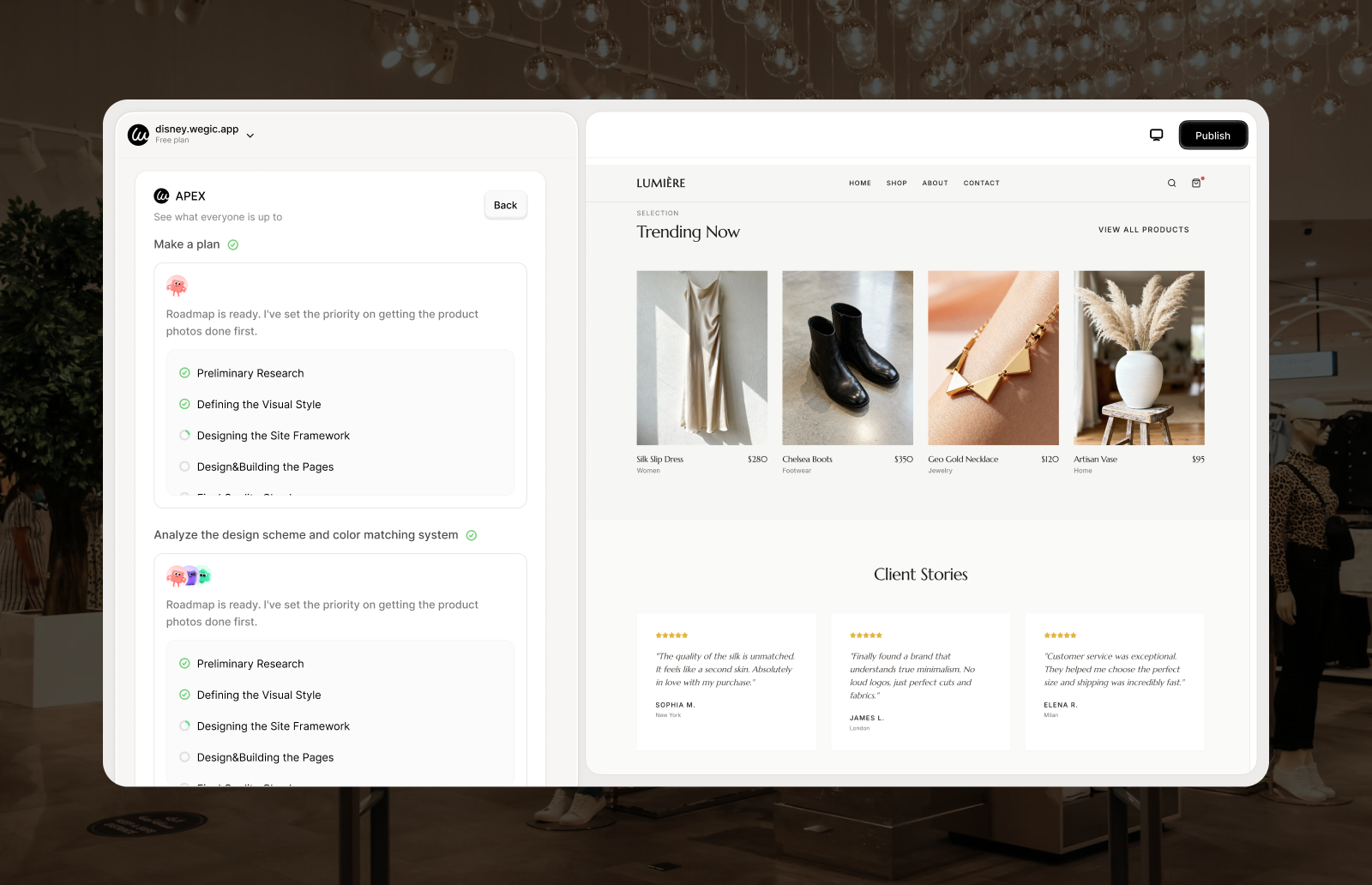 Wegic Studio interface showing AI website planning tasks alongside a fashion ecommerce homepage preview