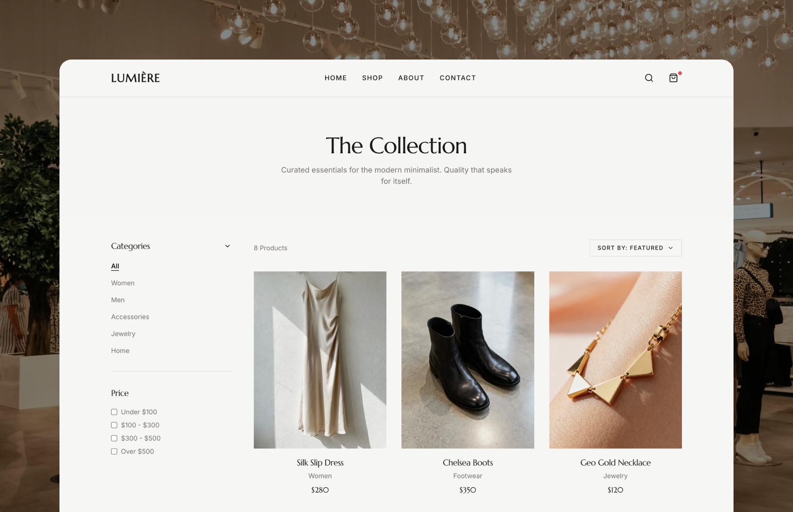 Product collection page with category filters, pricing options, and product listings