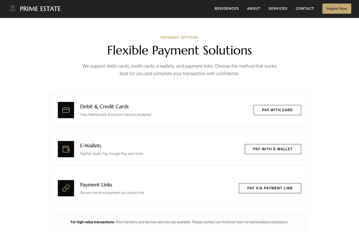 Website payment options section displaying debit cards, e-wallets, and payment links