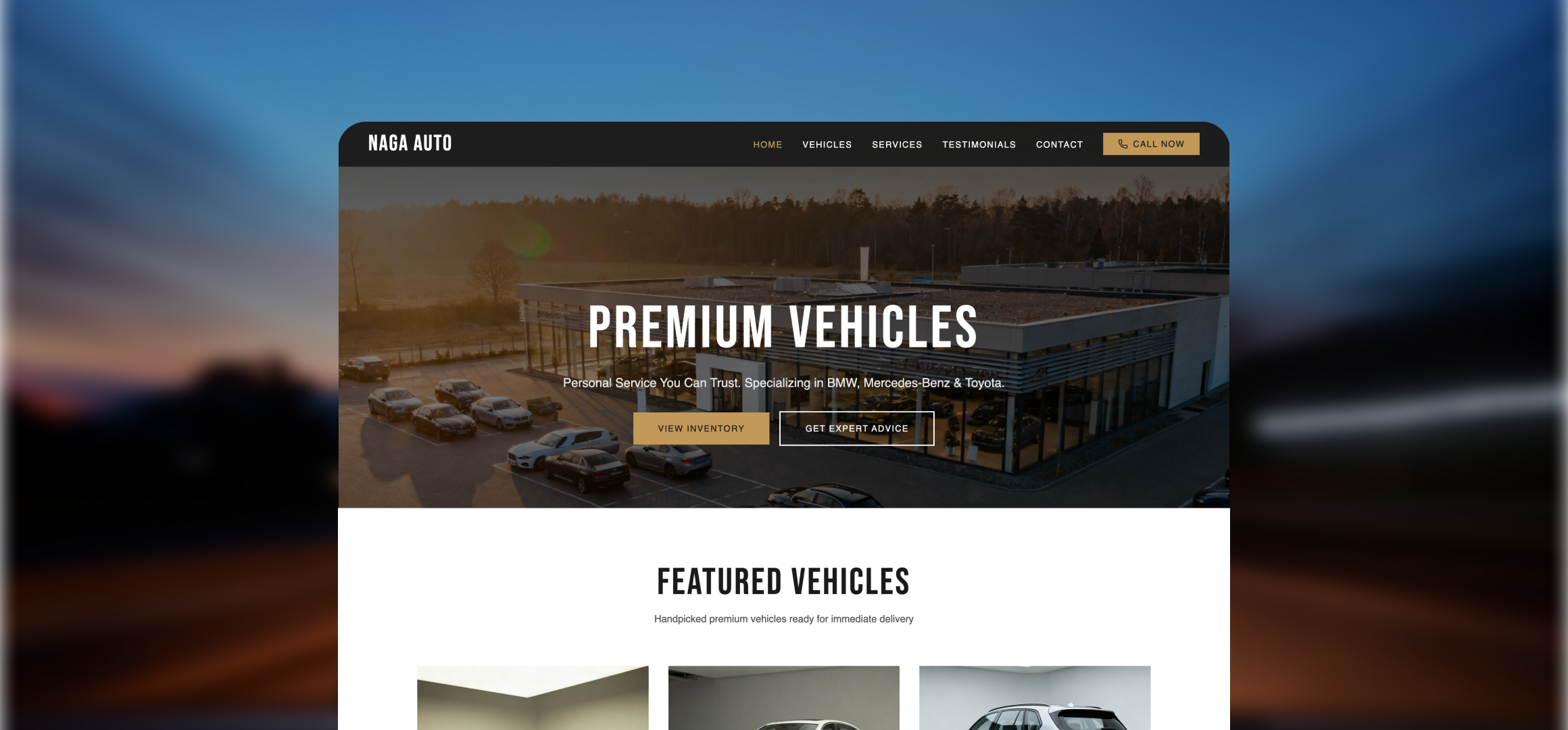 Car dealership website homepage featuring premium vehicles and inventory listings