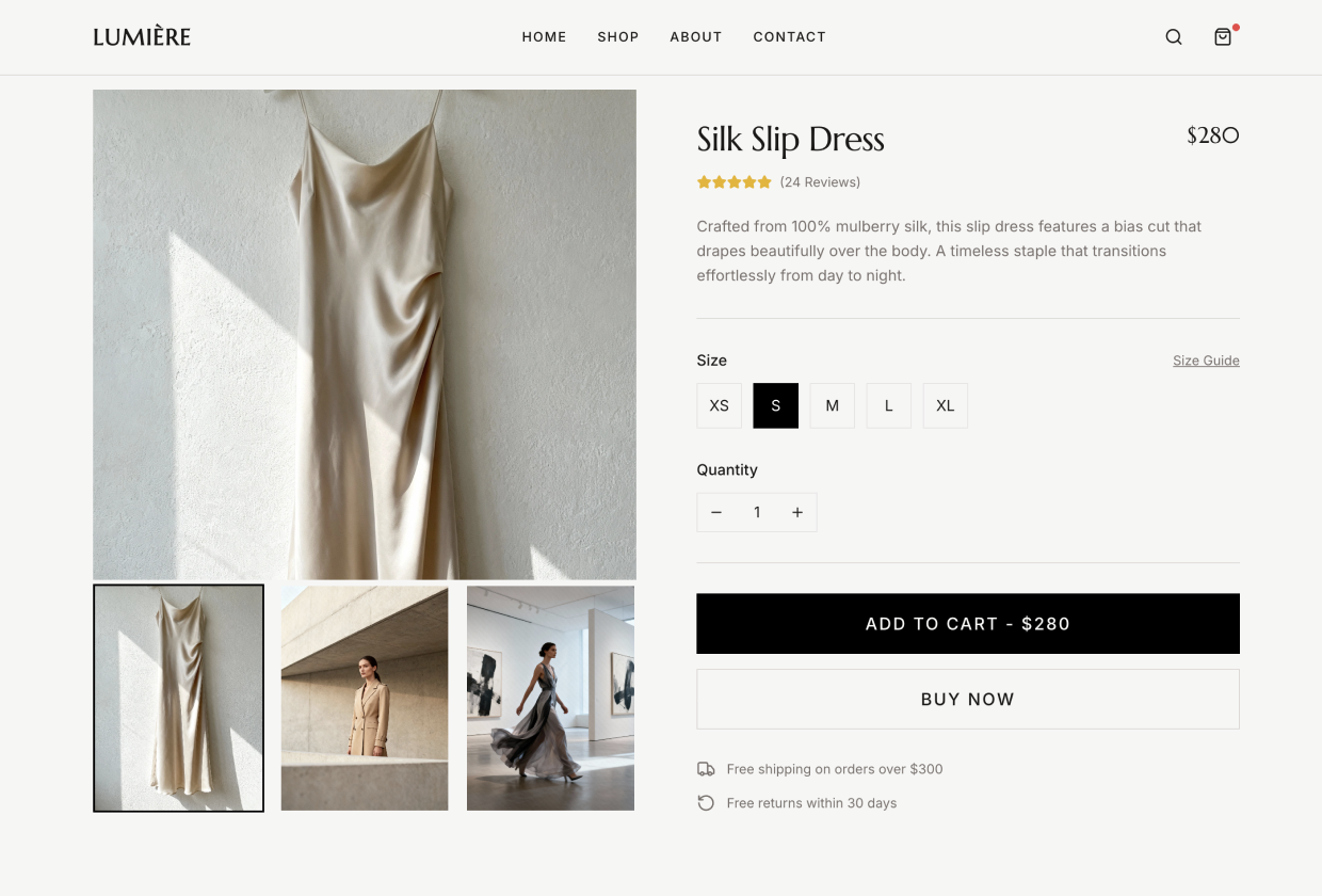 Silk slip dress product detail page with size selection, price, and add-to-cart actions