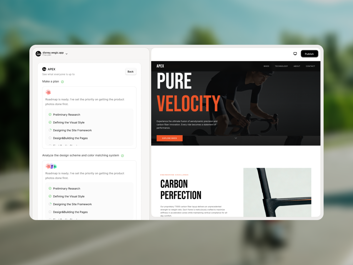 AI website agent workspace showing task planning panel and live website preview