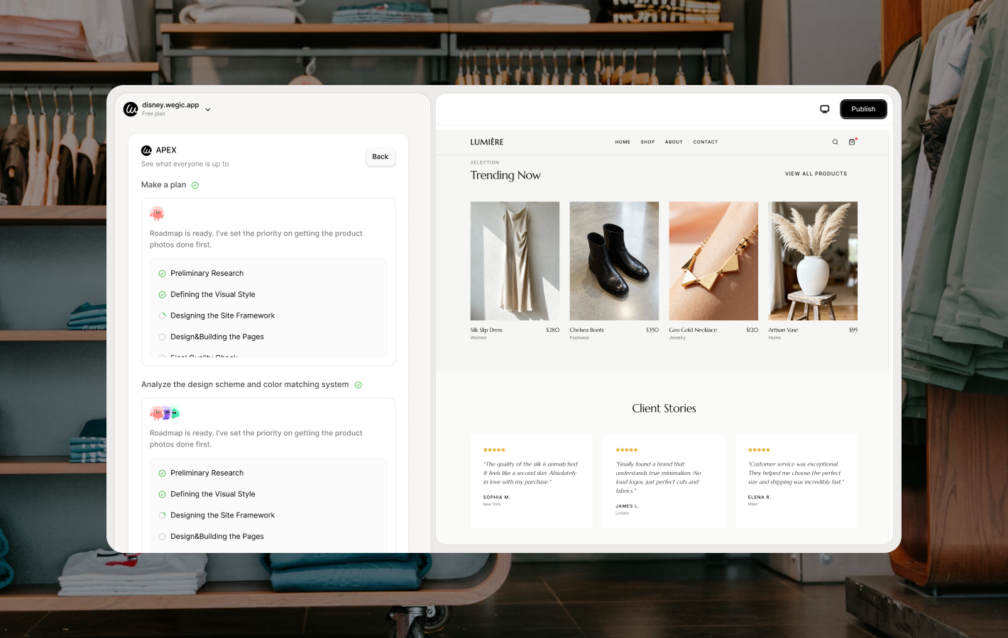 AI website builder workspace showing ecommerce homepage with product highlights and testimonials