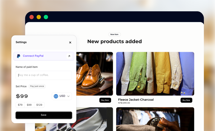 Ecommerce website editor showing product listings and payment configuration