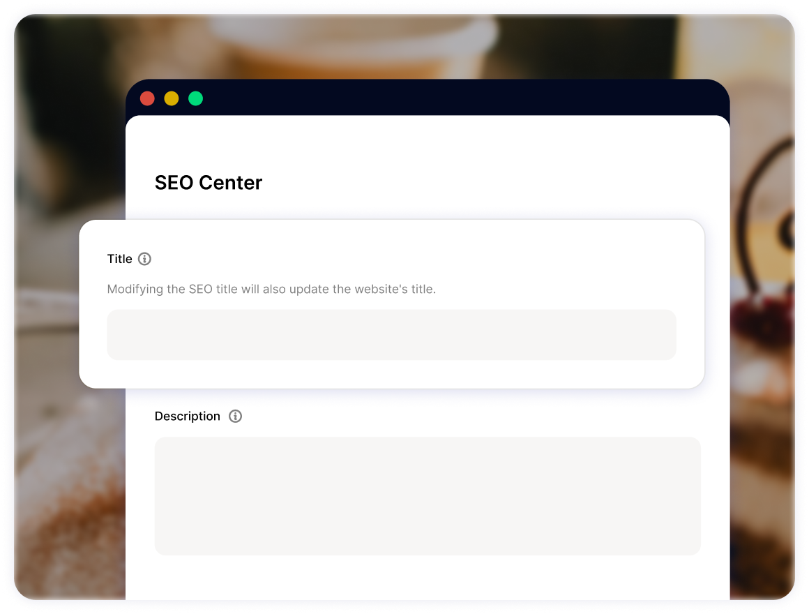 SEO settings panel for editing website title and meta description