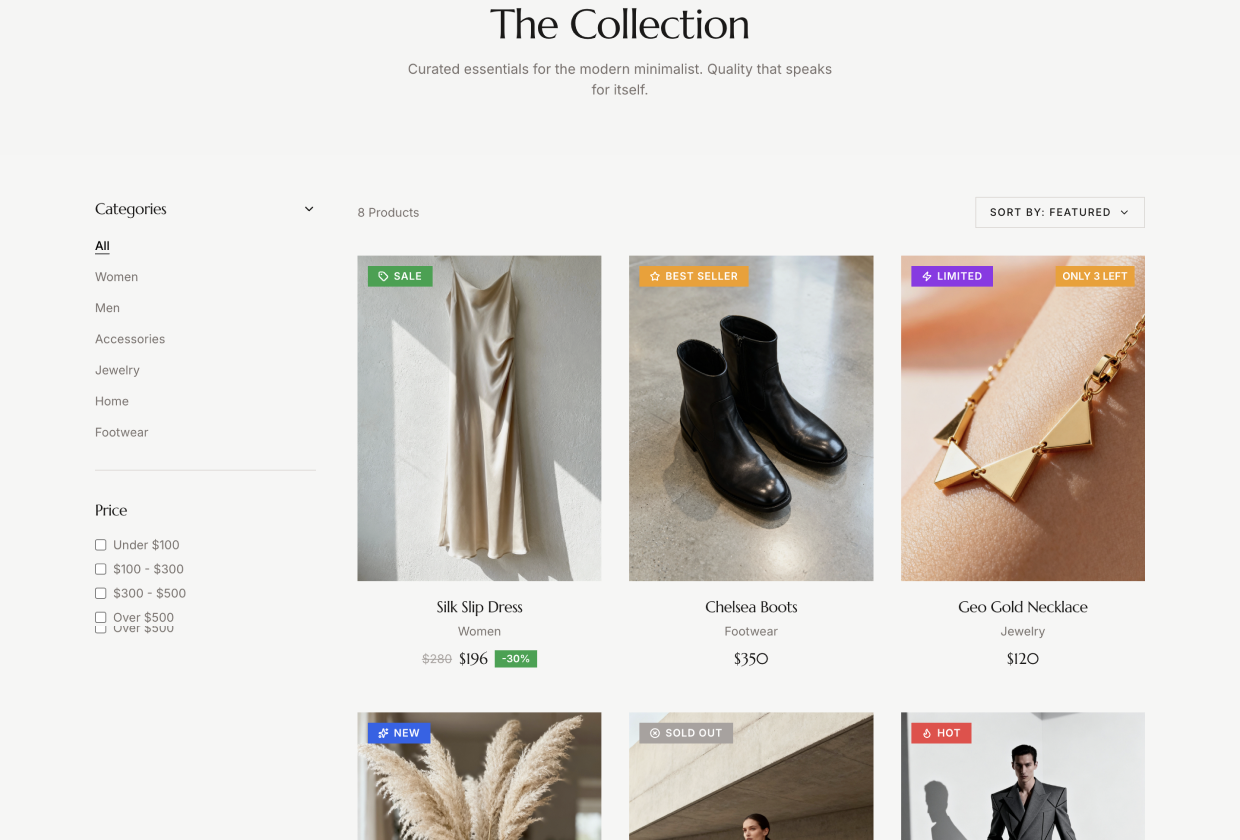 Ecommerce product grid displaying promotions, stock status, and pricing information