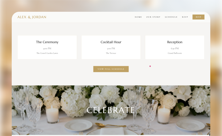 Wedding event website layout with ceremony schedule and reception details