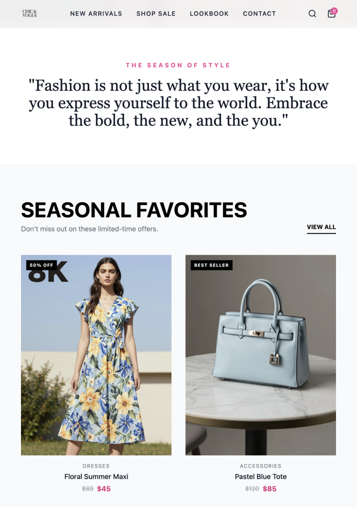 homepage screenshot of the ecommerce online store website made in Wegic AI