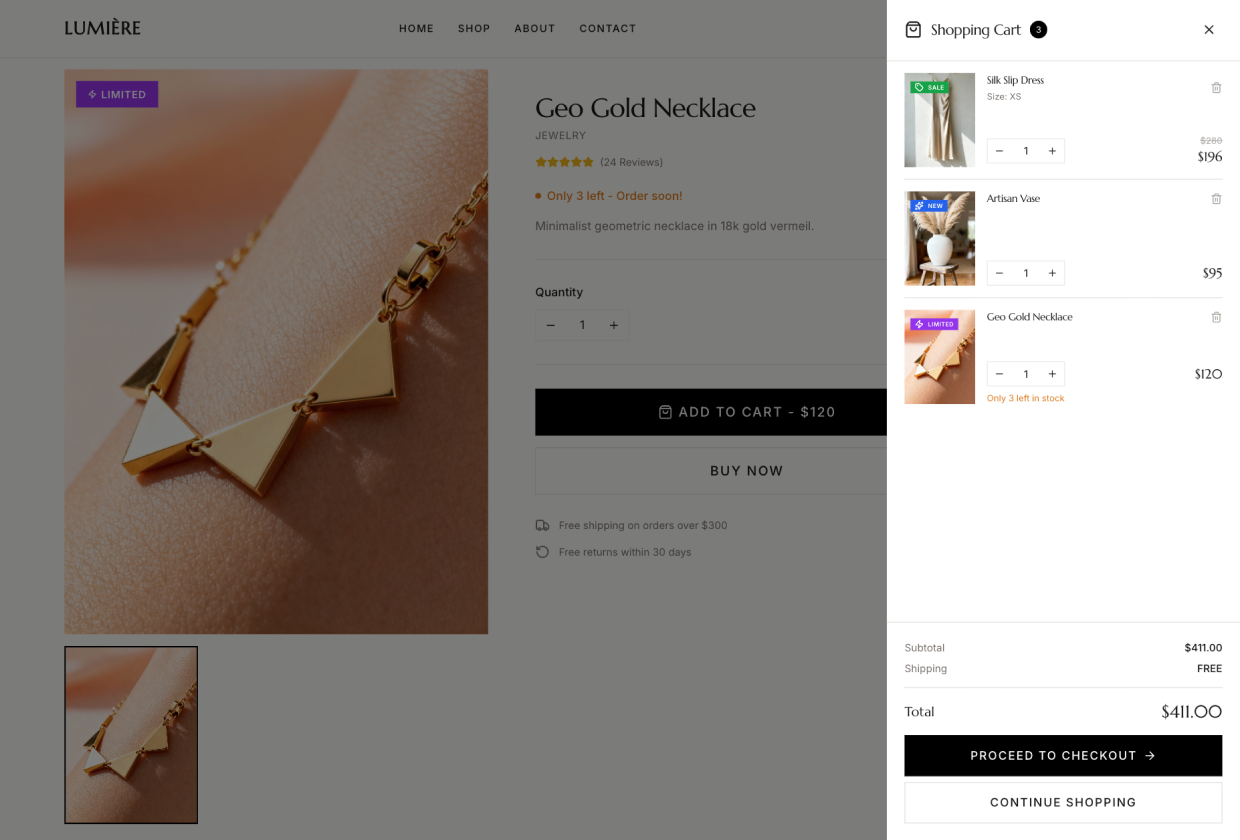 Shopping cart sidebar showing selected products, quantities, and checkout summary