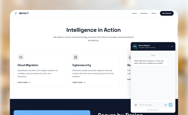Business website homepage with service sections and live chat support widget