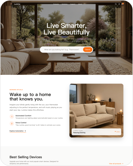 ai-generated smart home website with search bar from Wegic AI