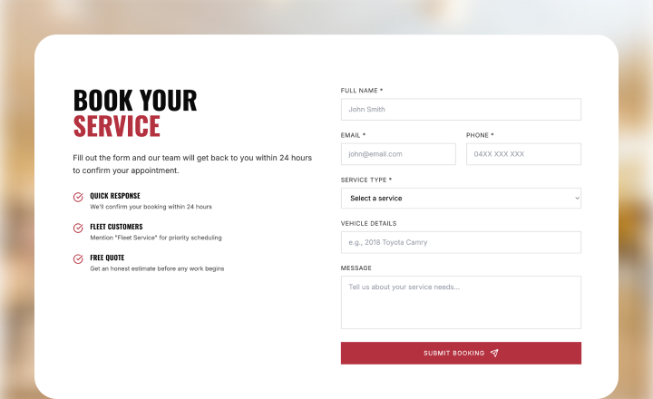 Online service booking form with customer contact and appointment fields