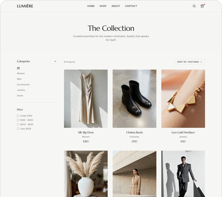 Minimalist ecommerce collection page showing clothing, accessories, and home decor products