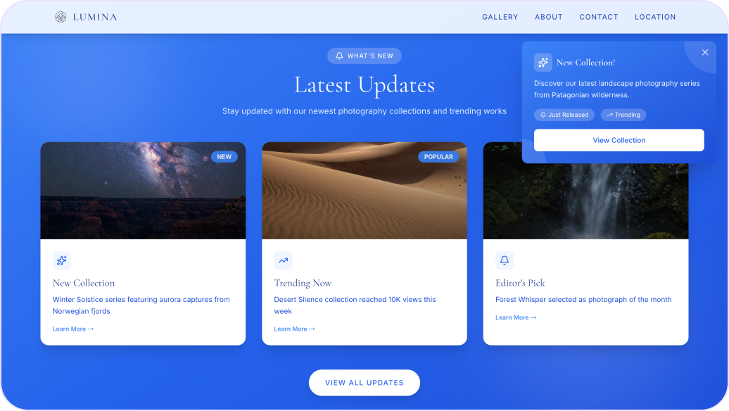build a photography website with a new collection post push notification in Wegic AI