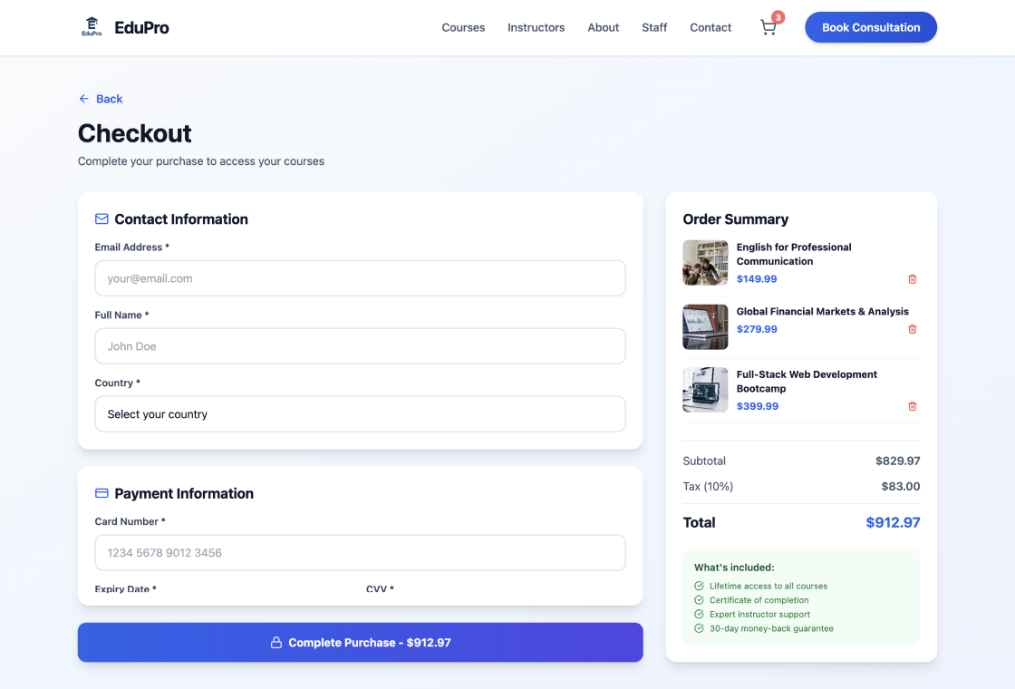 checkout page triggered by booking on the website built in Wegic AI