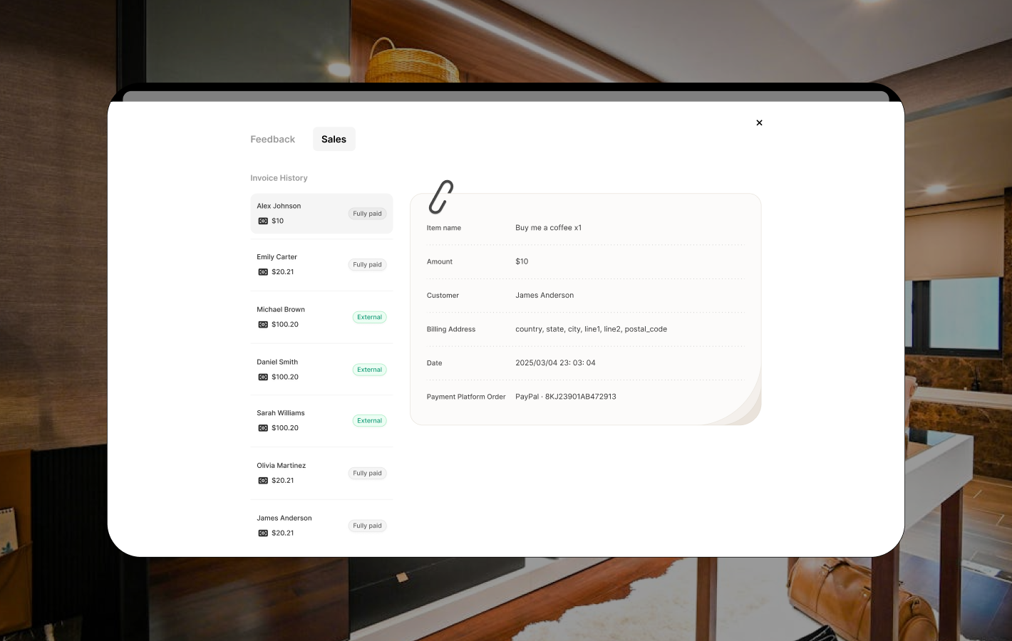 Sales dashboard displaying order history, customer details, and payment records