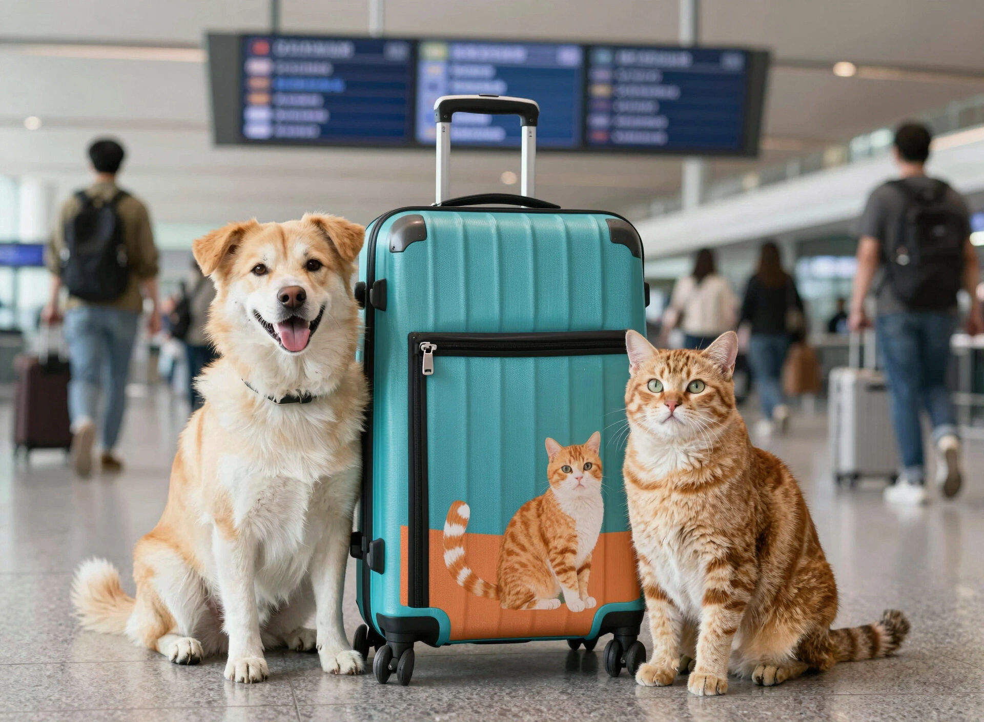 Cão e gato felizes no aeroporto com mala de viagem