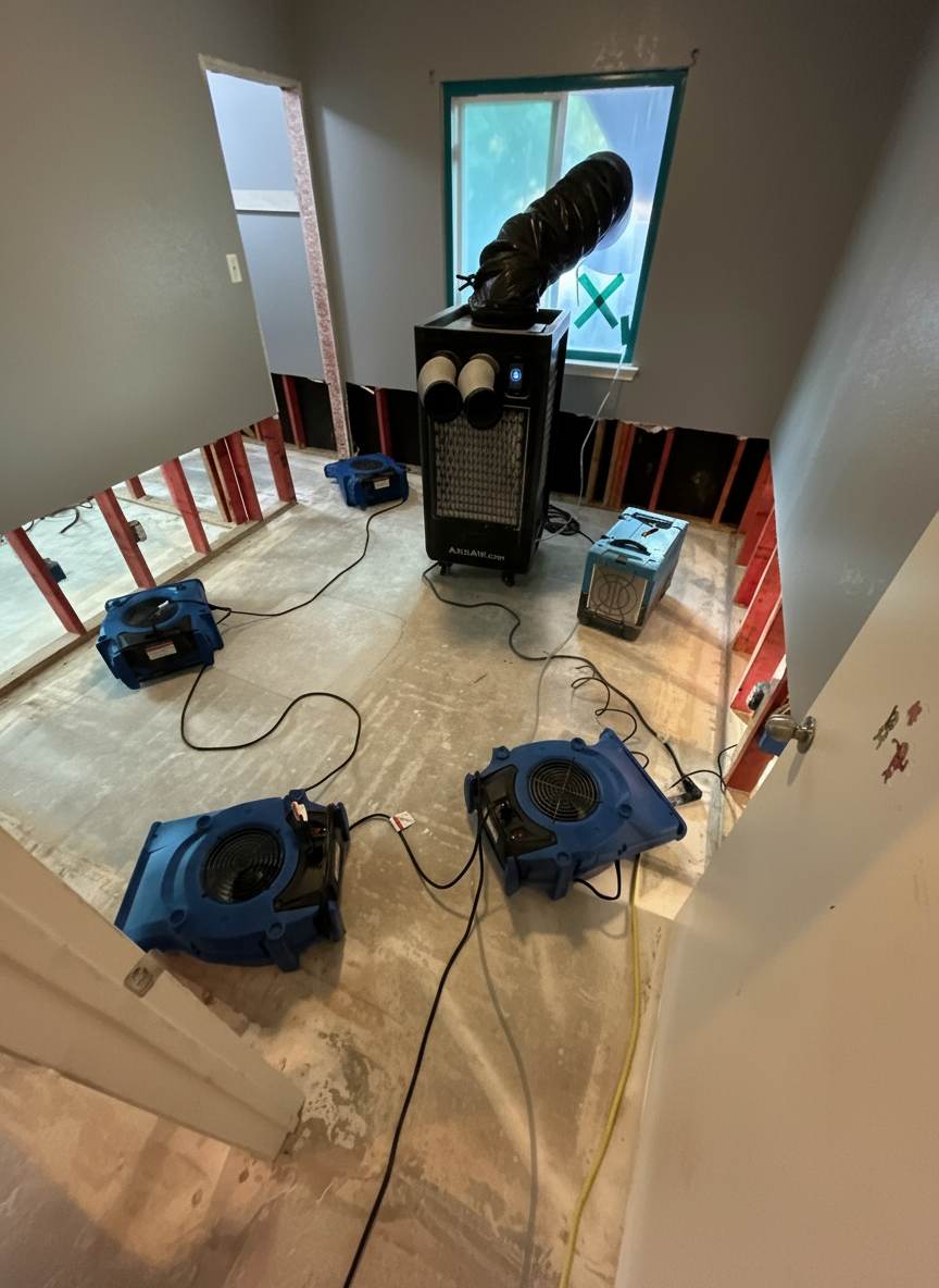 Industrial water damage drying equipment — air movers and commercial dehumidifiers deployed by AAA Disaster Recovery in Austin TX