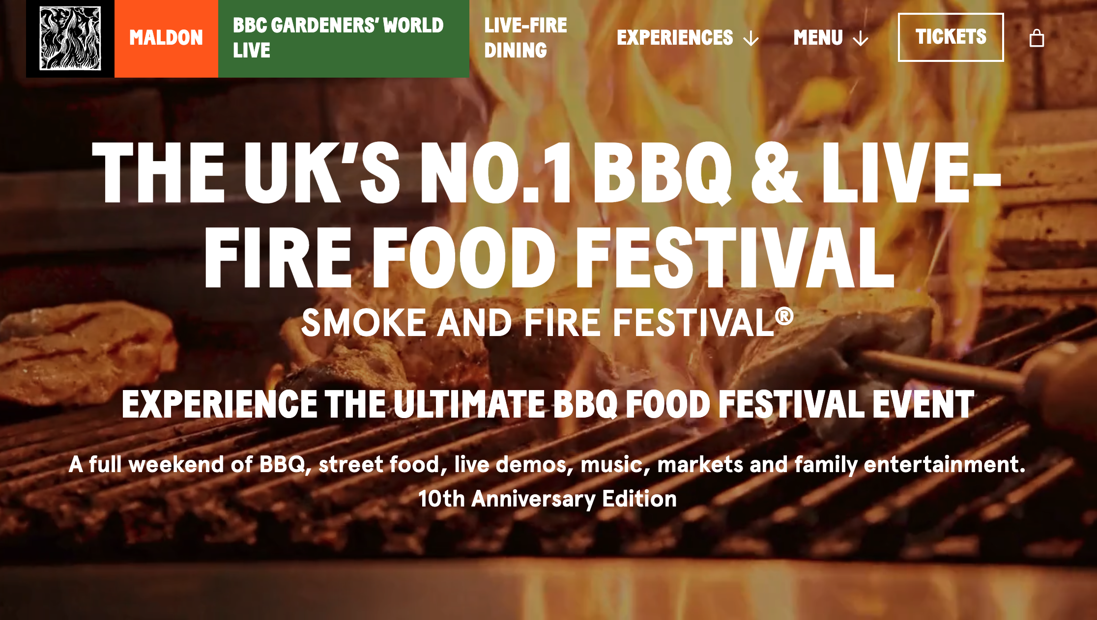 Smoke and Fire Festival homepage with dark warm tones, UK's No.1 BBQ Festival headline, past event photography, upcoming event posters, and embedded YouTube video