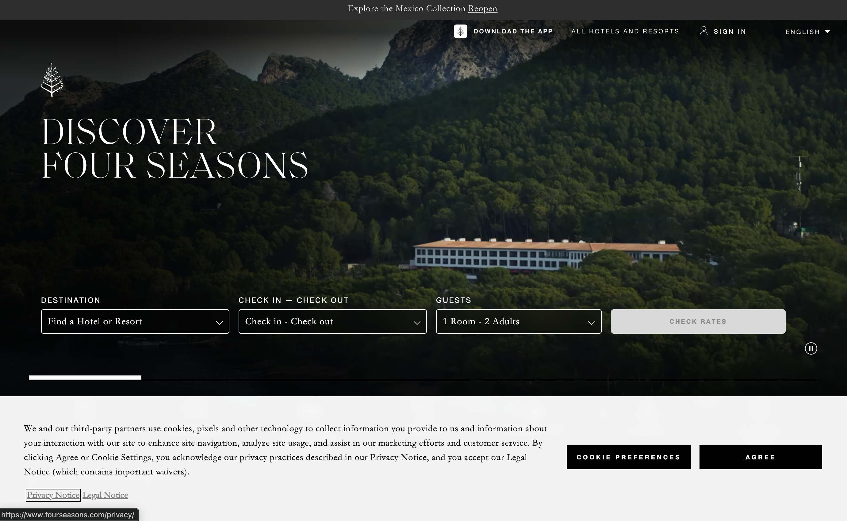Four Seasons resorts homepage hero section, mountain forest resort backdrop, main booking search form, site navigation, cookie policy popup at bottom