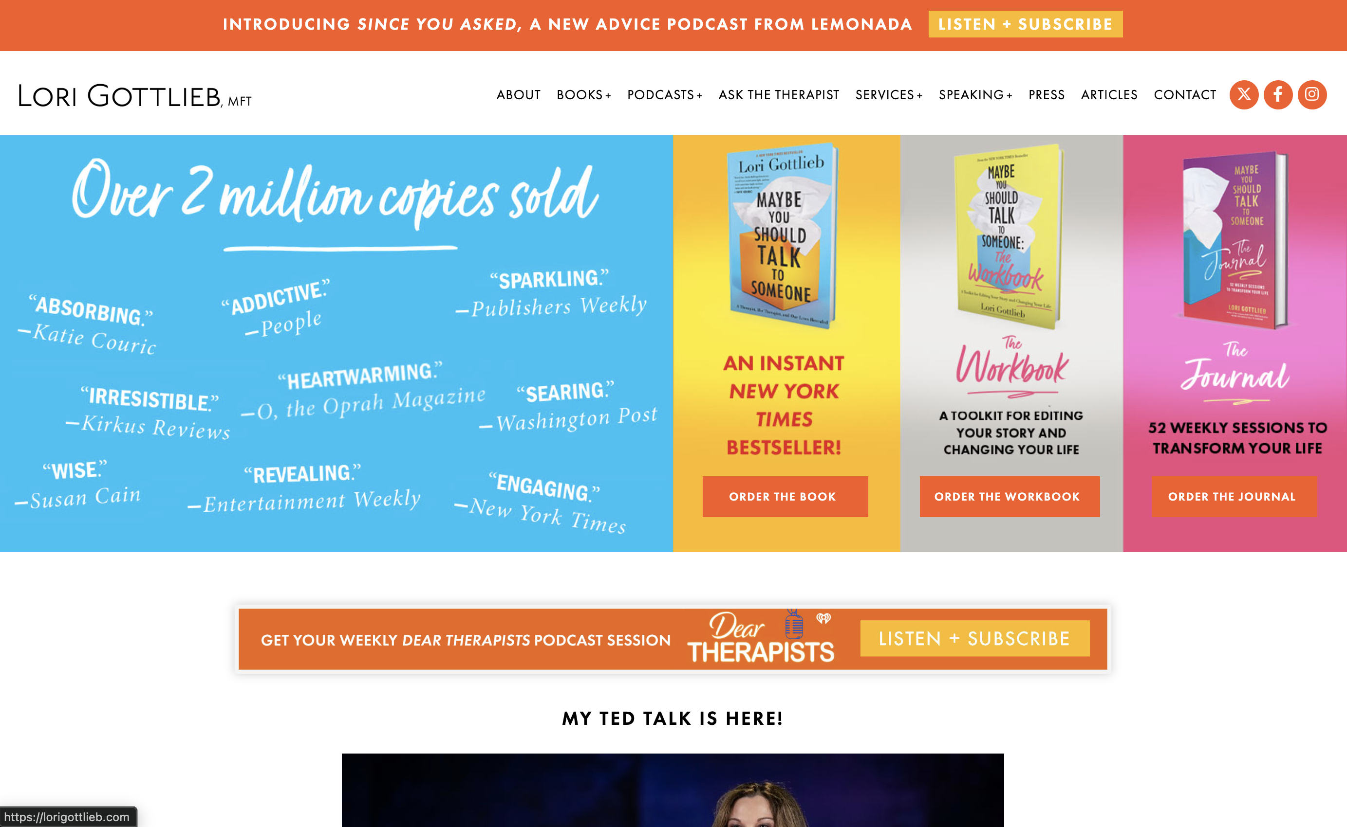 Homepage hero banner for therapist Lori Gottlieb MFT, featuring bestselling book Maybe You Should Talk to Someone, book praise quotes, podcast promotion and book purchase buttons