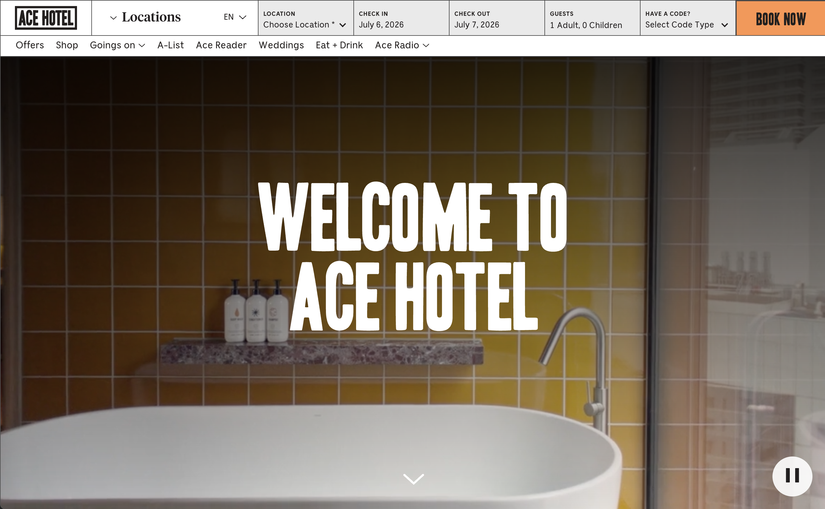 Ace Hotel homepage hero banner, full booking navigation bar, stylish yellow tile bathroom interior background, large "WELCOME TO ACE HOTEL" text overlay, hotel booking search panel