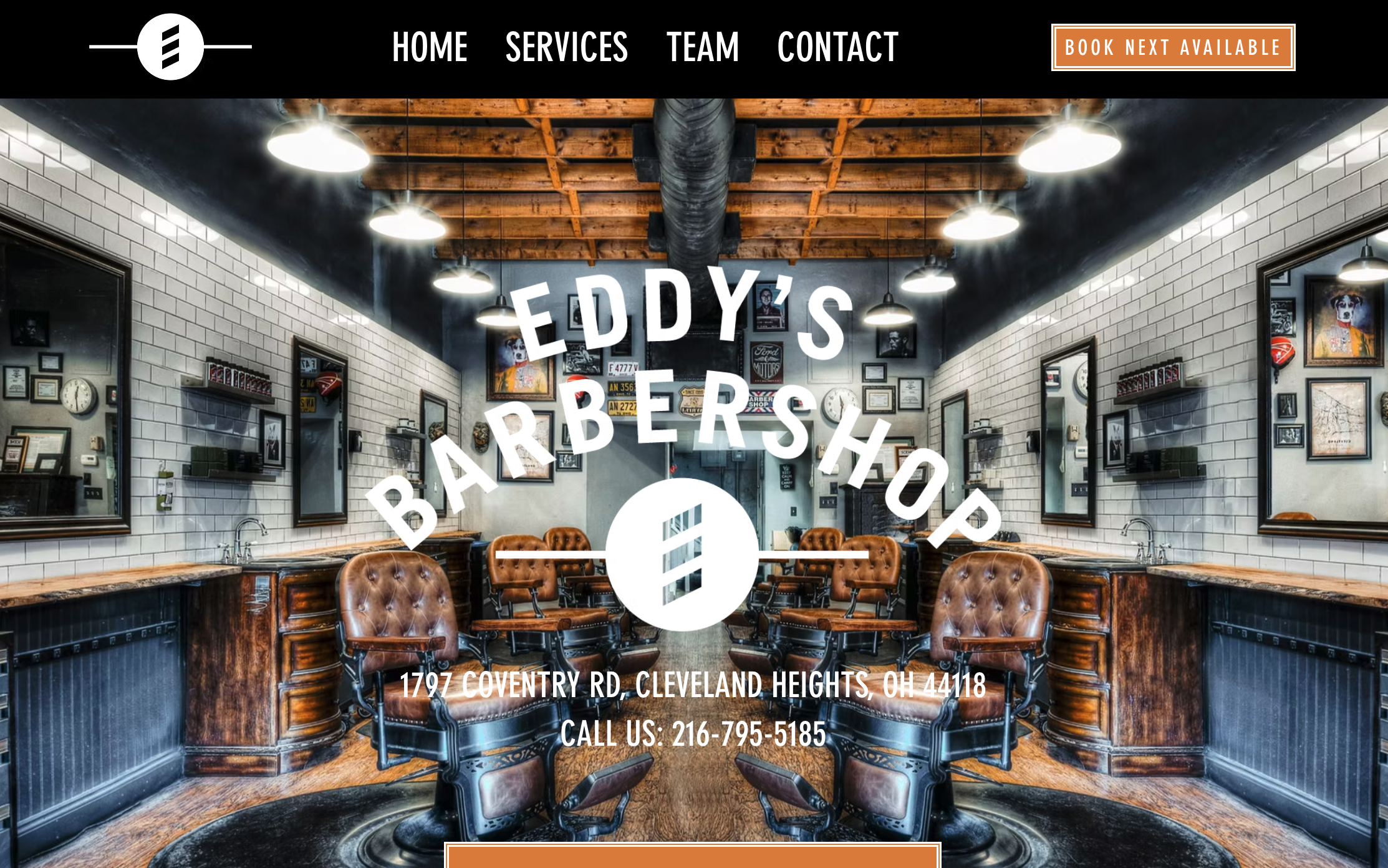 Eddy's Barbershop homepage showing a team of barbers and a book next available appointment button