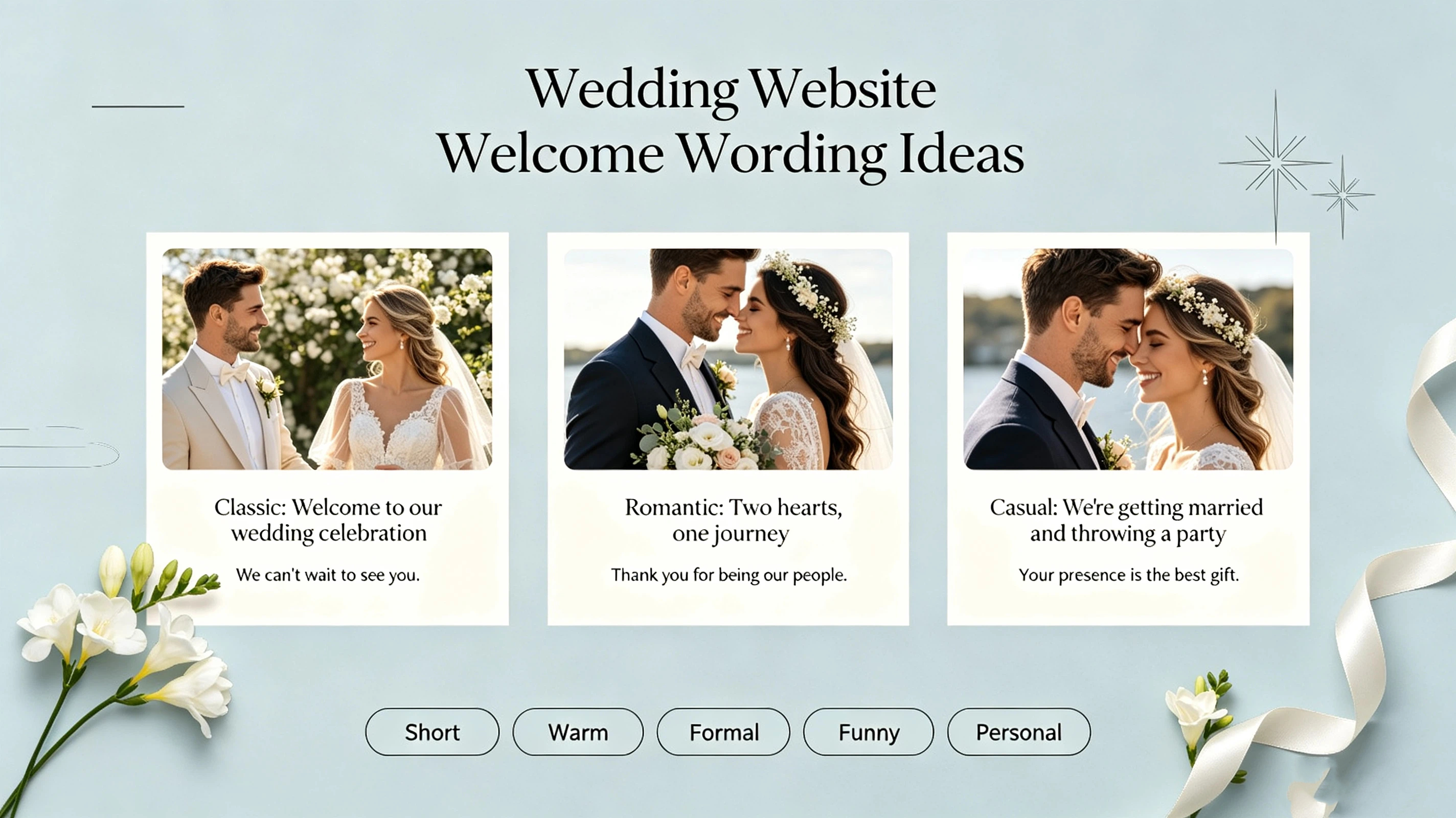 Pastel light blue wedding welcome wording ideas graphic, classic/romantic/casual three text examples, bridal couple photos, floral & ribbon decor, tone classification tags