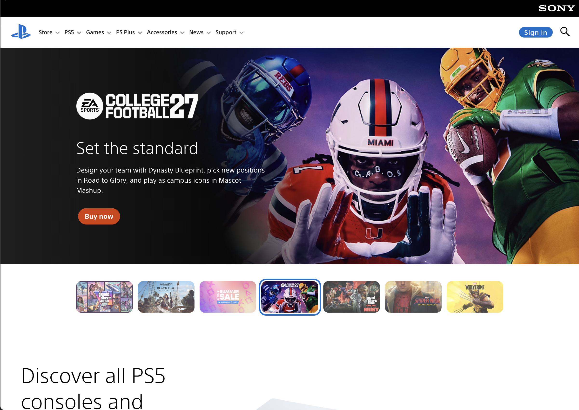 PlayStation store website hero banner, EA College Football 27 game promo artwork, college football players visual, top navigation, game carousel slider, PS5 official webpage screenshot