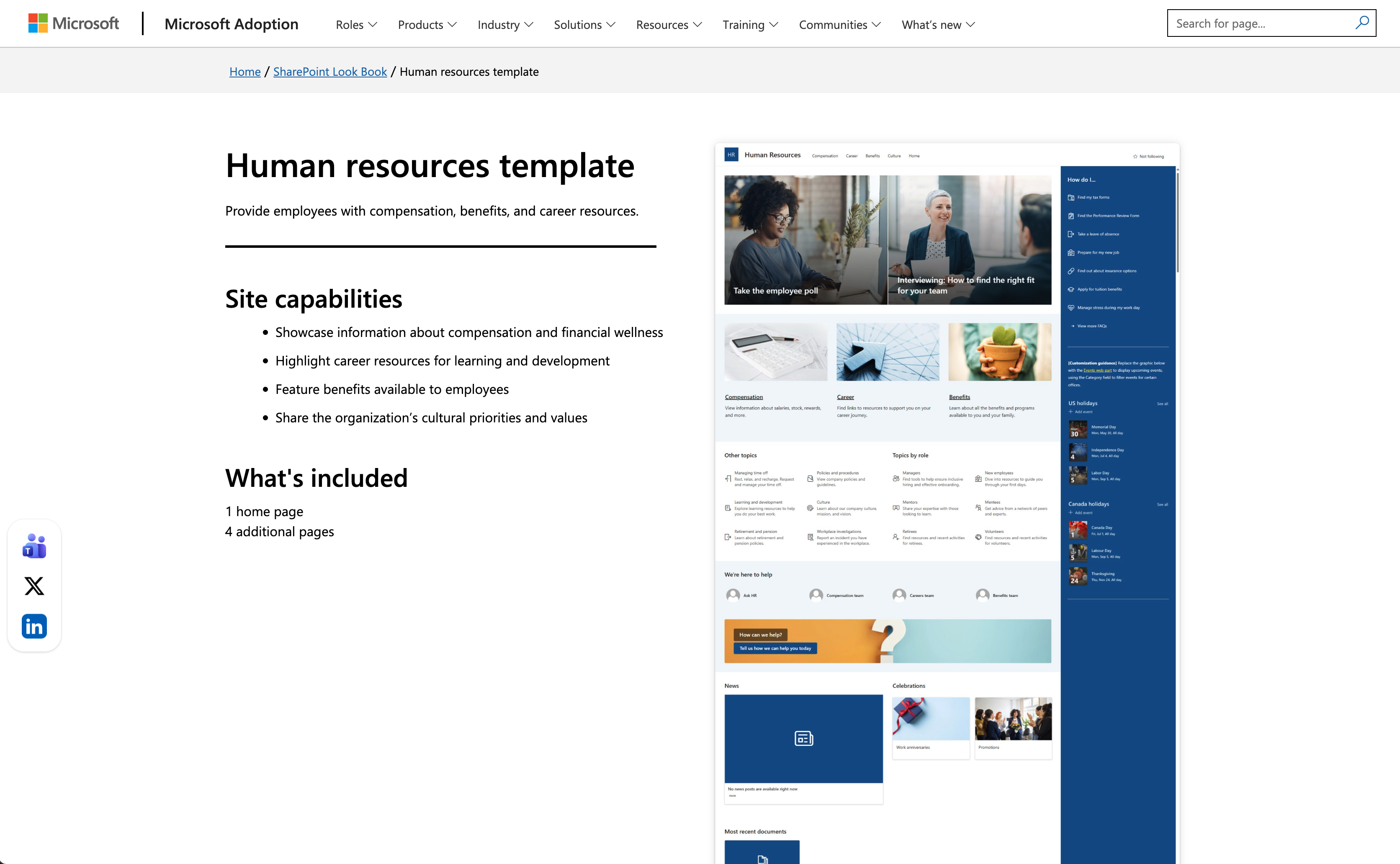 Microsoft SharePoint HR template introduction page, two-column layout, left feature text description, right full HR intranet site UI mockup preview, top Microsoft Adoption navigation bar, breadcrumb path