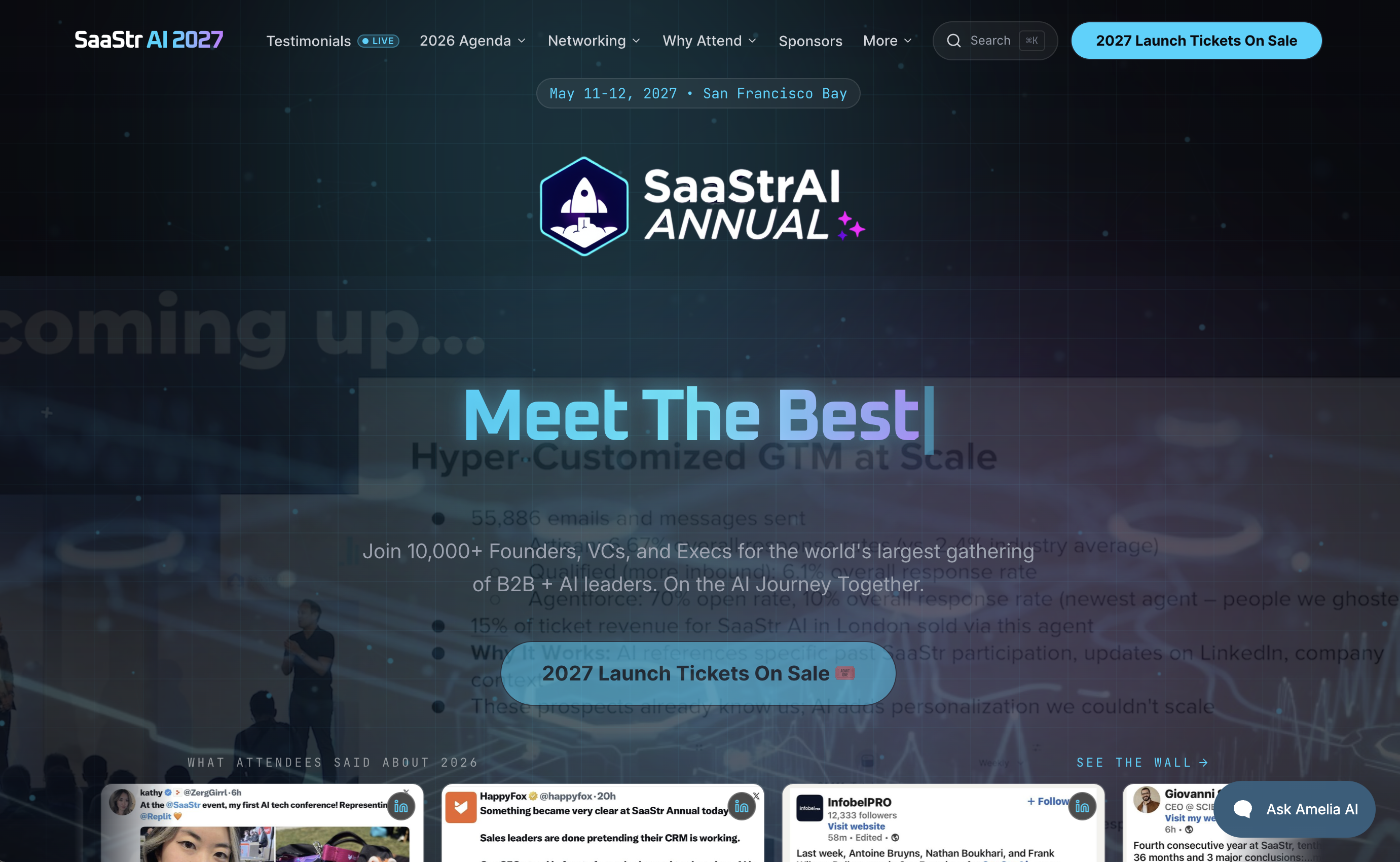 SaaStr AI 2027 San Francisco conference homepage hero banner, dark tech grid background, rocket logo, gradient headline, B2B AI founder summit copy, ticket sale CTA, top navigation menu, attendee social review cards at bottom