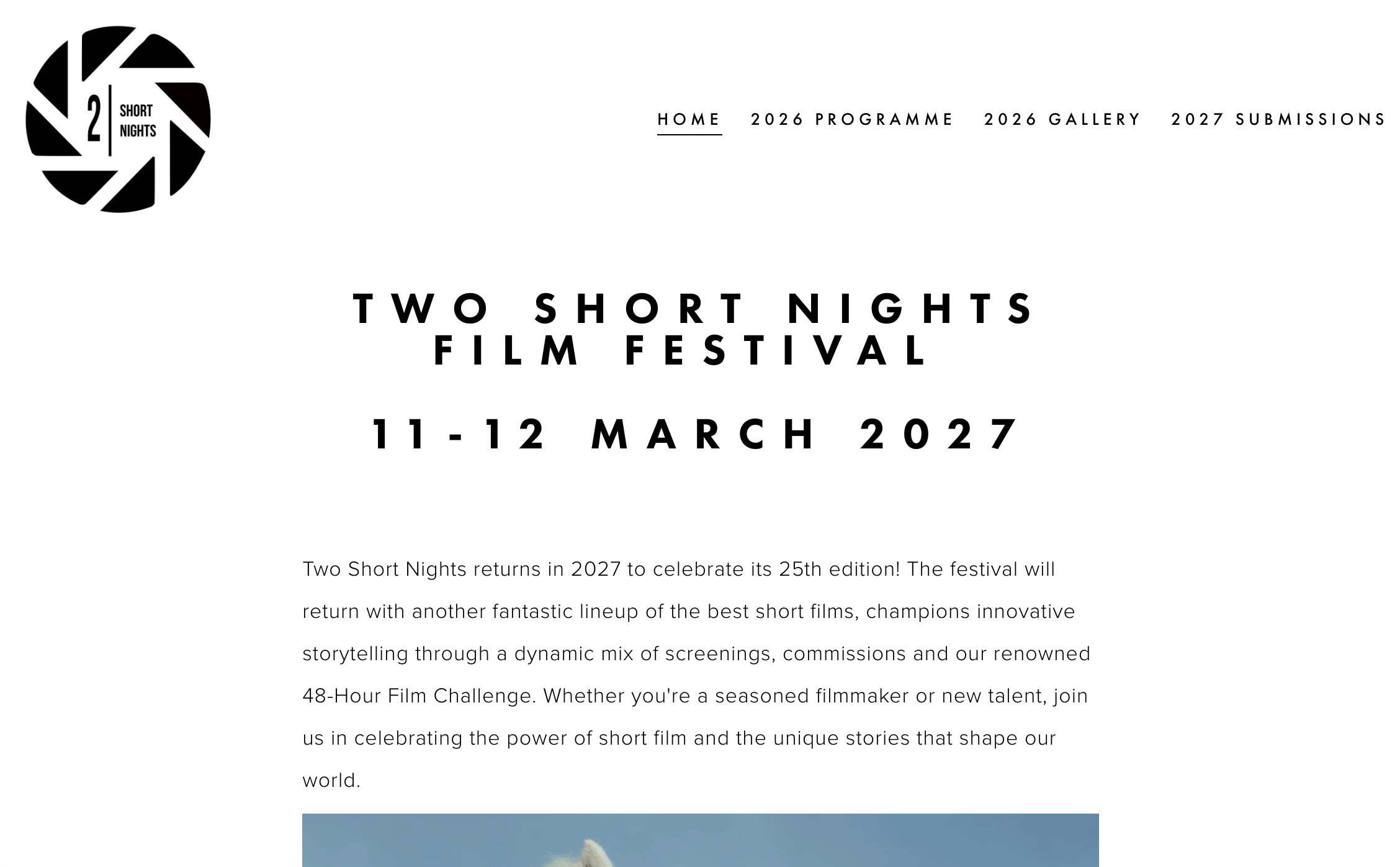 Two Short Nights Film Festival homepage with minimal black and white design, festival logo centered, and clear programme and date navigation links
