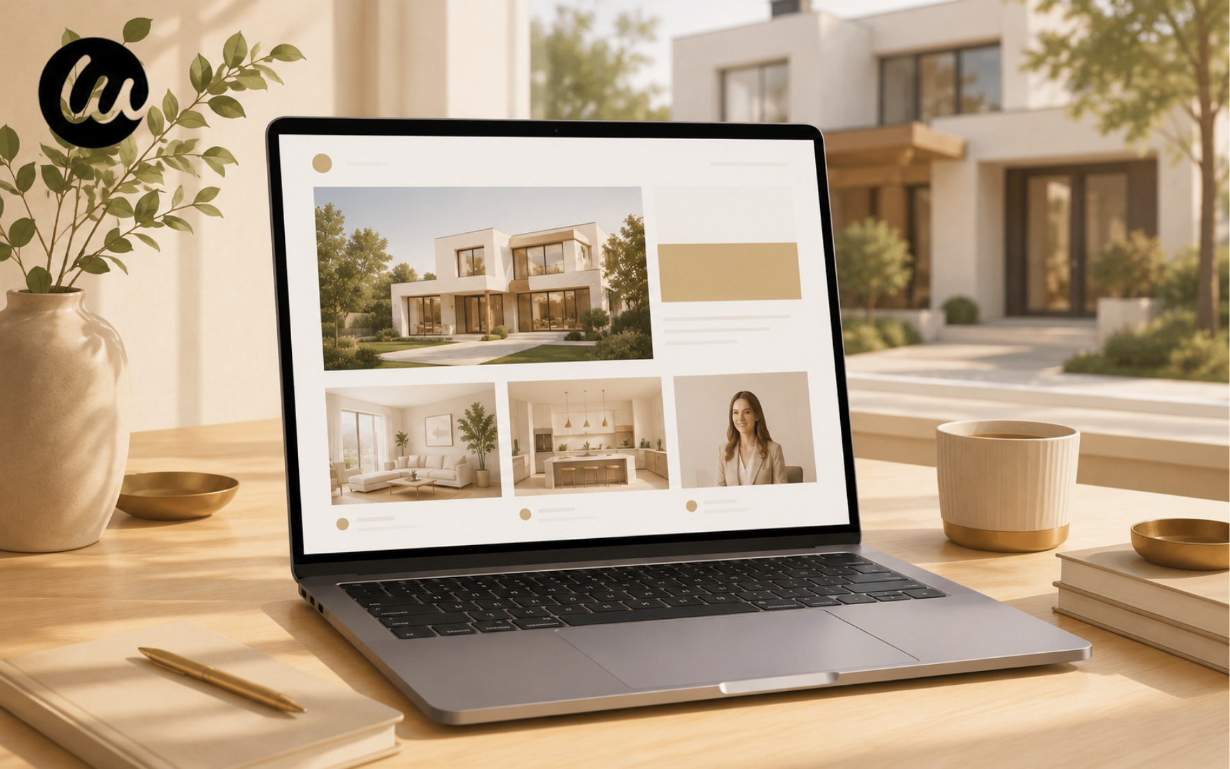 A modern minimalist real estate agent website mockup displayed on a laptop screen
