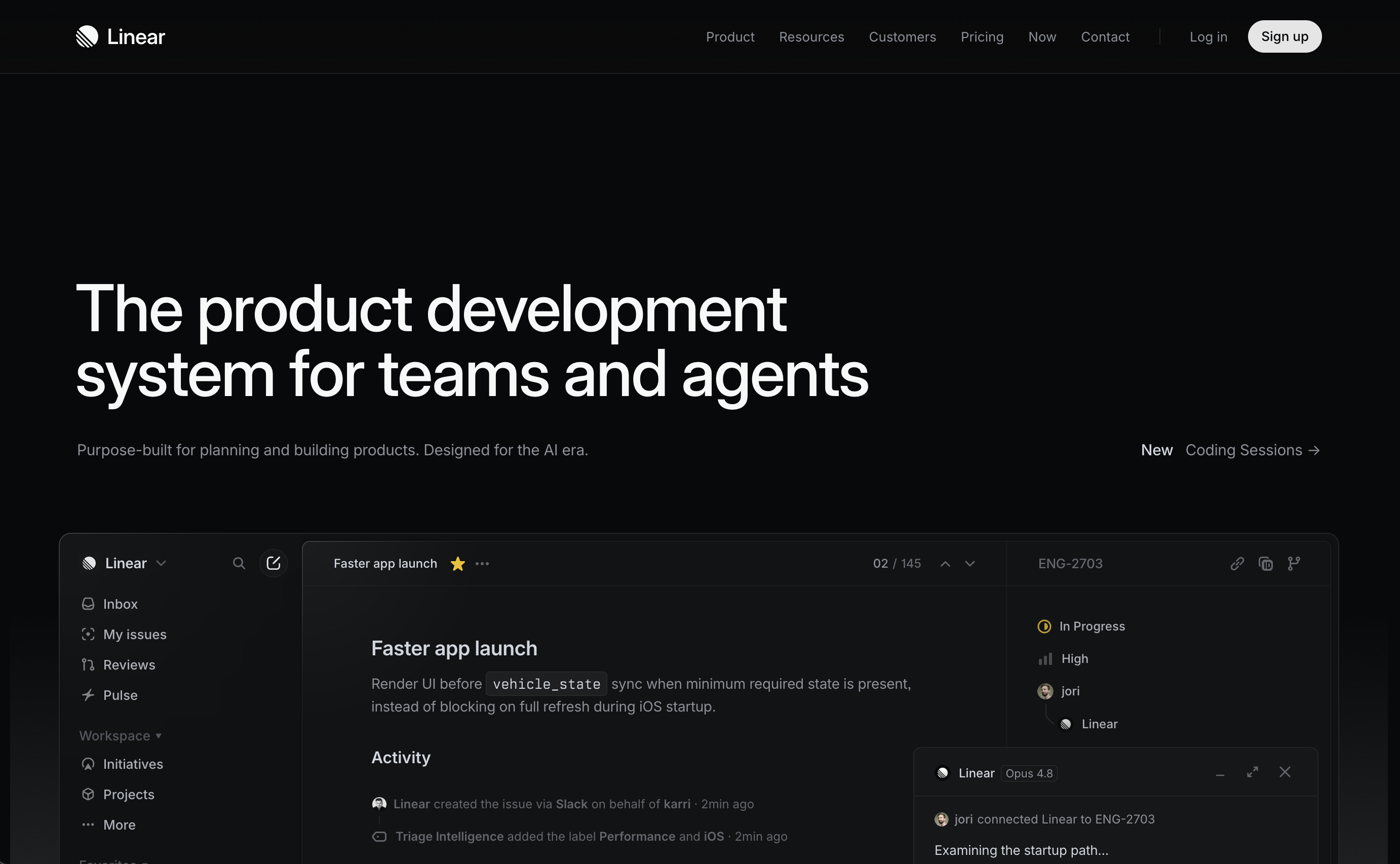 Linear product development SaaS homepage dark theme hero screenshot, top site navigation, core headline text, project task dashboard UI mockup, AI-era team workflow tool landing banner