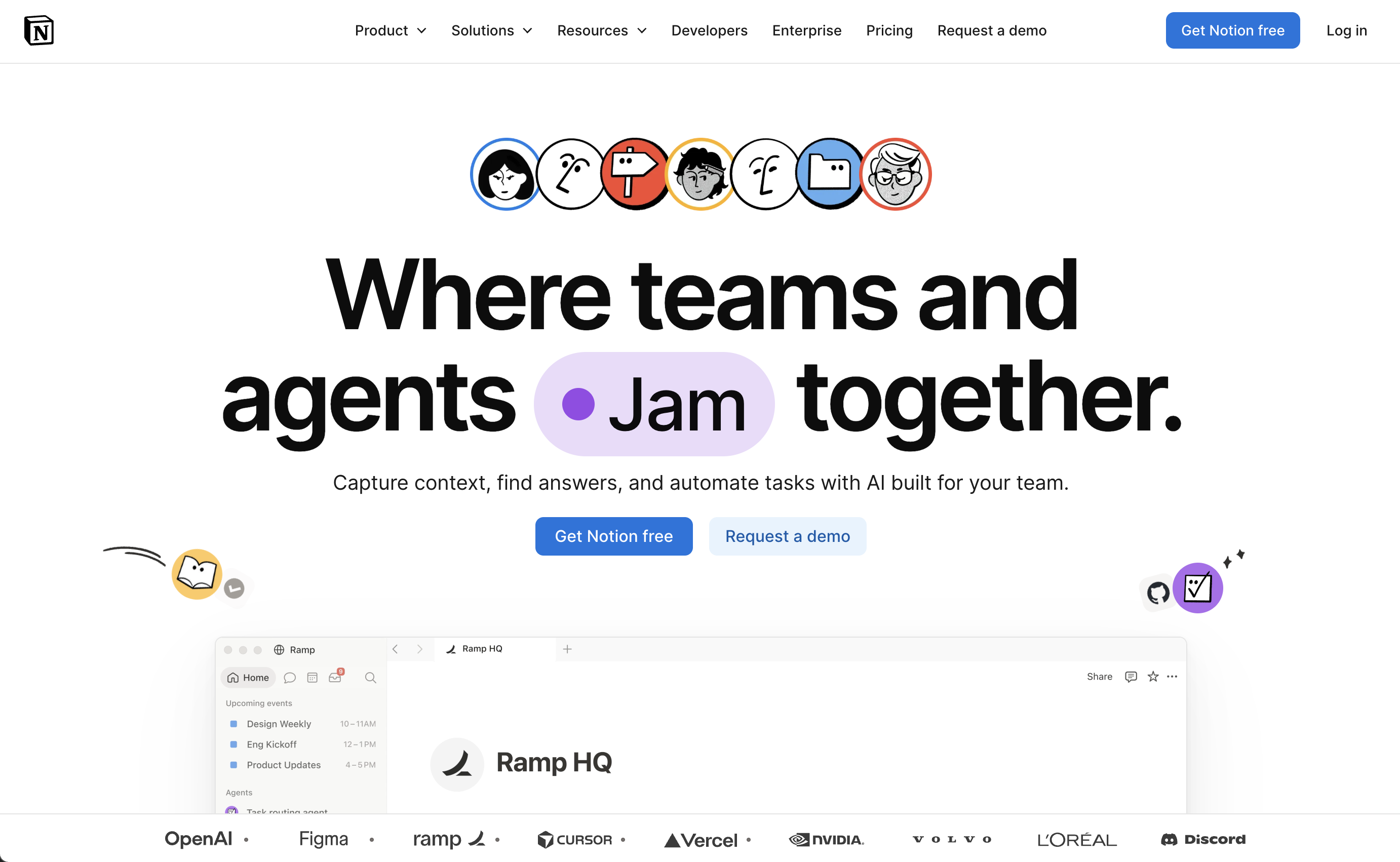 Notion Jam AI workspace homepage hero section, minimalist white UI, team collaboration headline, free sign-up & demo buttons, Ramp HQ workspace preview, enterprise partner brand logos at bottom