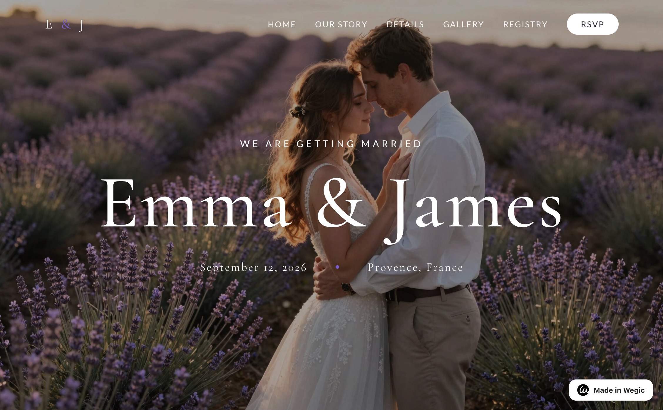 Romantic lavender wedding website built with Wegic AI, showing couple names and wedding date in the hero with an RSVP form below, gallery and about pages included