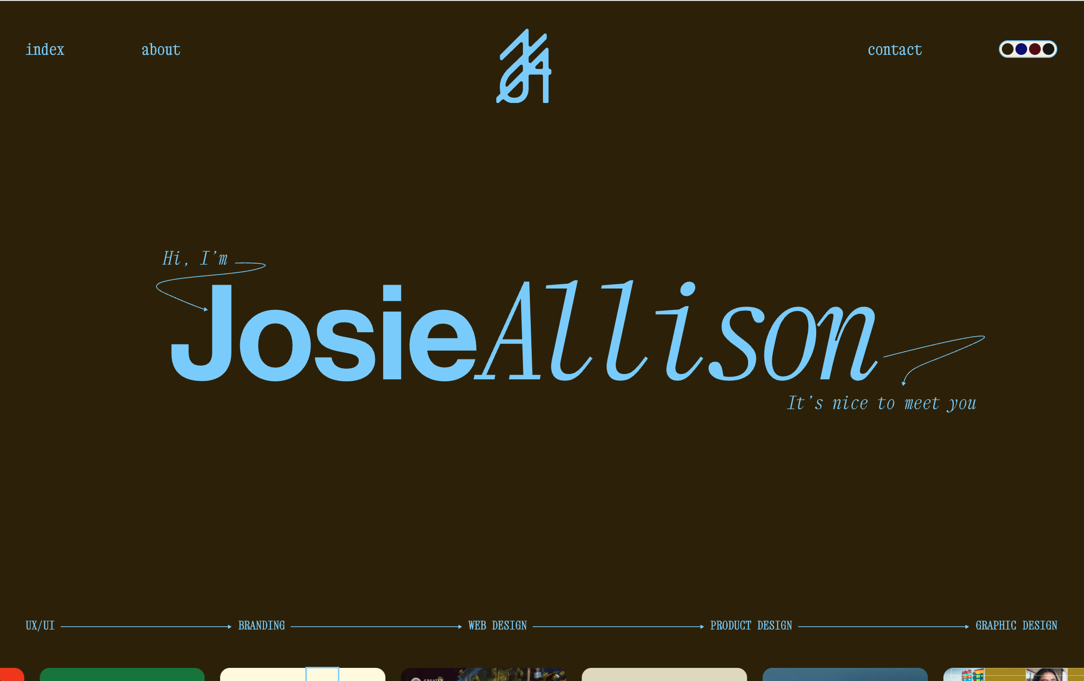 Josie Allisonのポートフォリオホームページは、ブランディングとグラフィックデザインのプロジェクトをグリッドで配置し、会話調の自己紹介を掲載しています