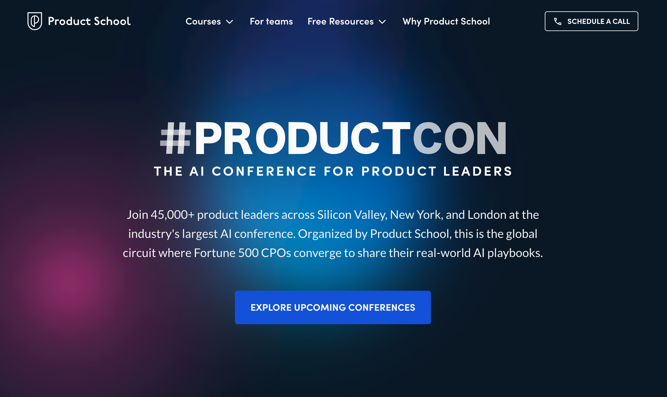 ProductCon conference homepage with dark background, neon cursor-following hero effect, embedded event video, and bold white speaker lineup