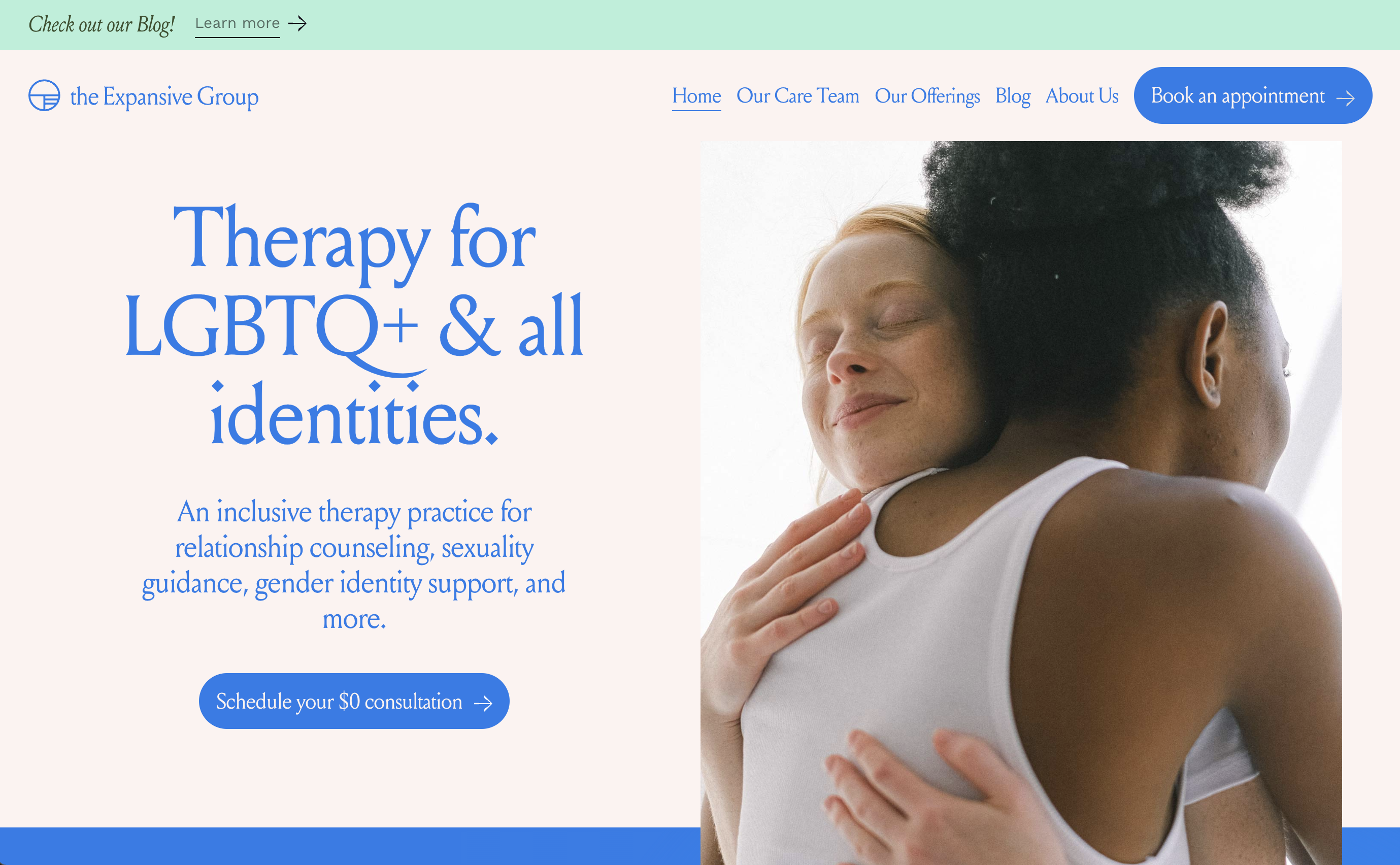 The Expansive Group therapy website hero banner, inclusive LGBTQ+ counseling homepage with couple hug photo, booking CTA and navigation menu