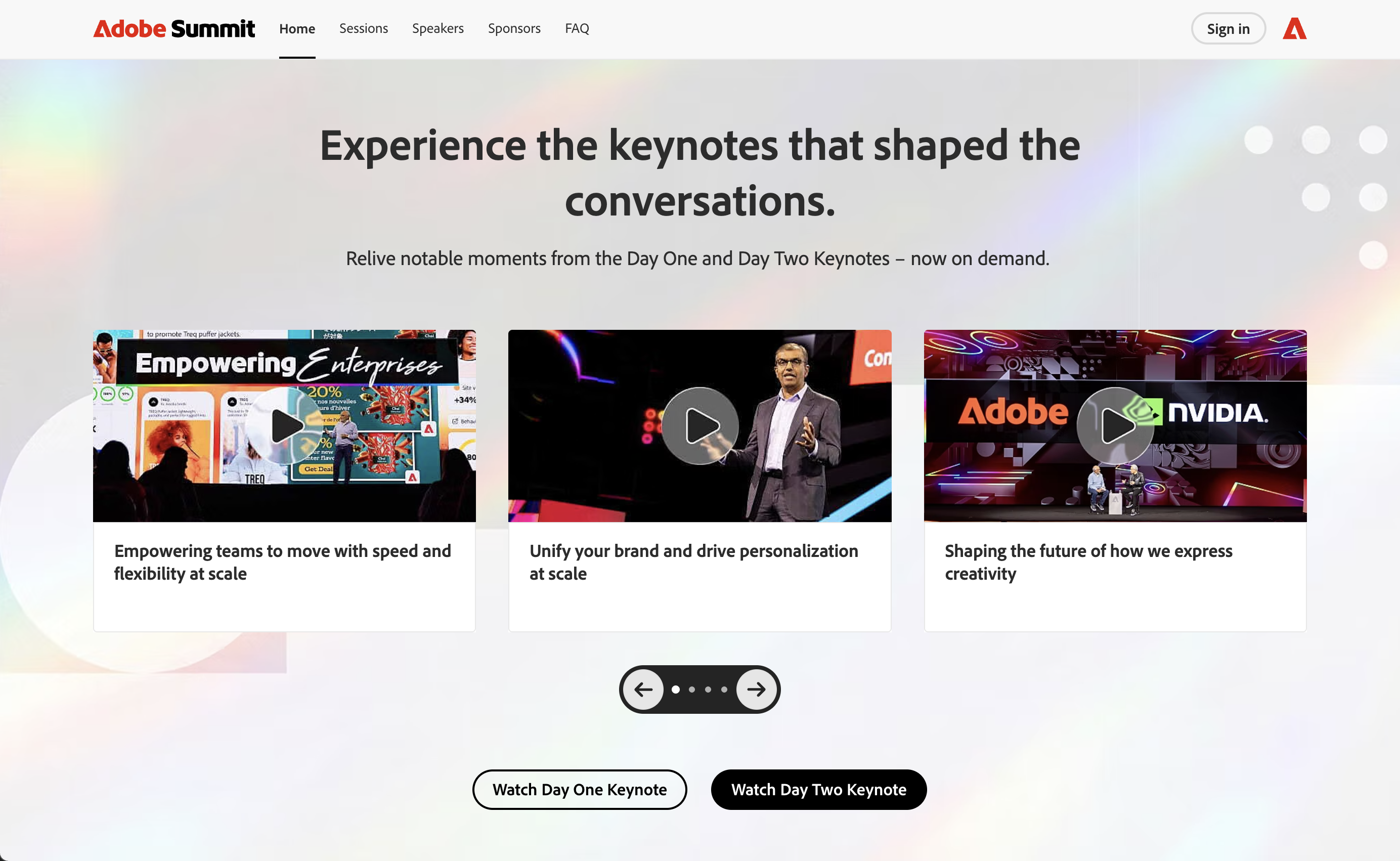 Adobe Summit conference homepage hero banner, iridescent soft gradient background, three keynote video preview thumbnails, top site navigation, day 1 & day 2 keynote playback buttons, carousel slider controls