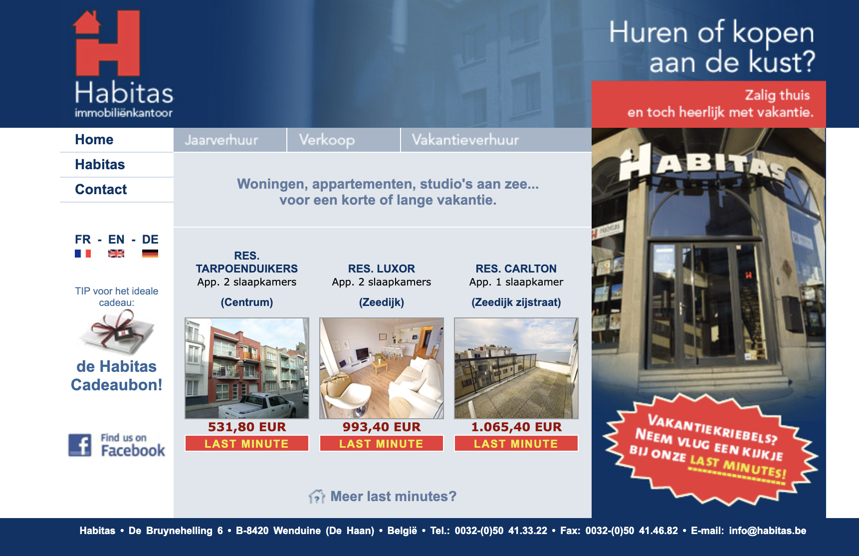 Habitas Belgium coastal real estate agency website screenshot, navigation menu, Dutch holiday rental property listings with last minute pricing, multi-language selector, office photo and contact footer