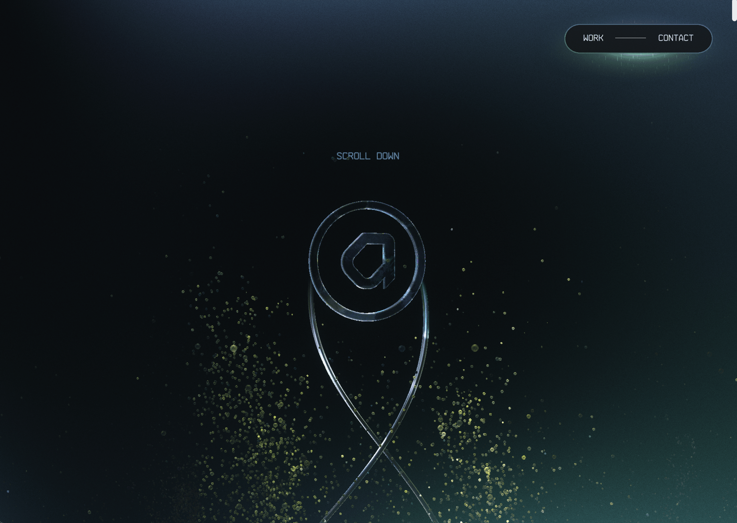 Dark futuristic creative portfolio website hero screen, metallic logo with glowing curve lines & golden particle effects, Work/Contact top navigation, scroll down prompt
