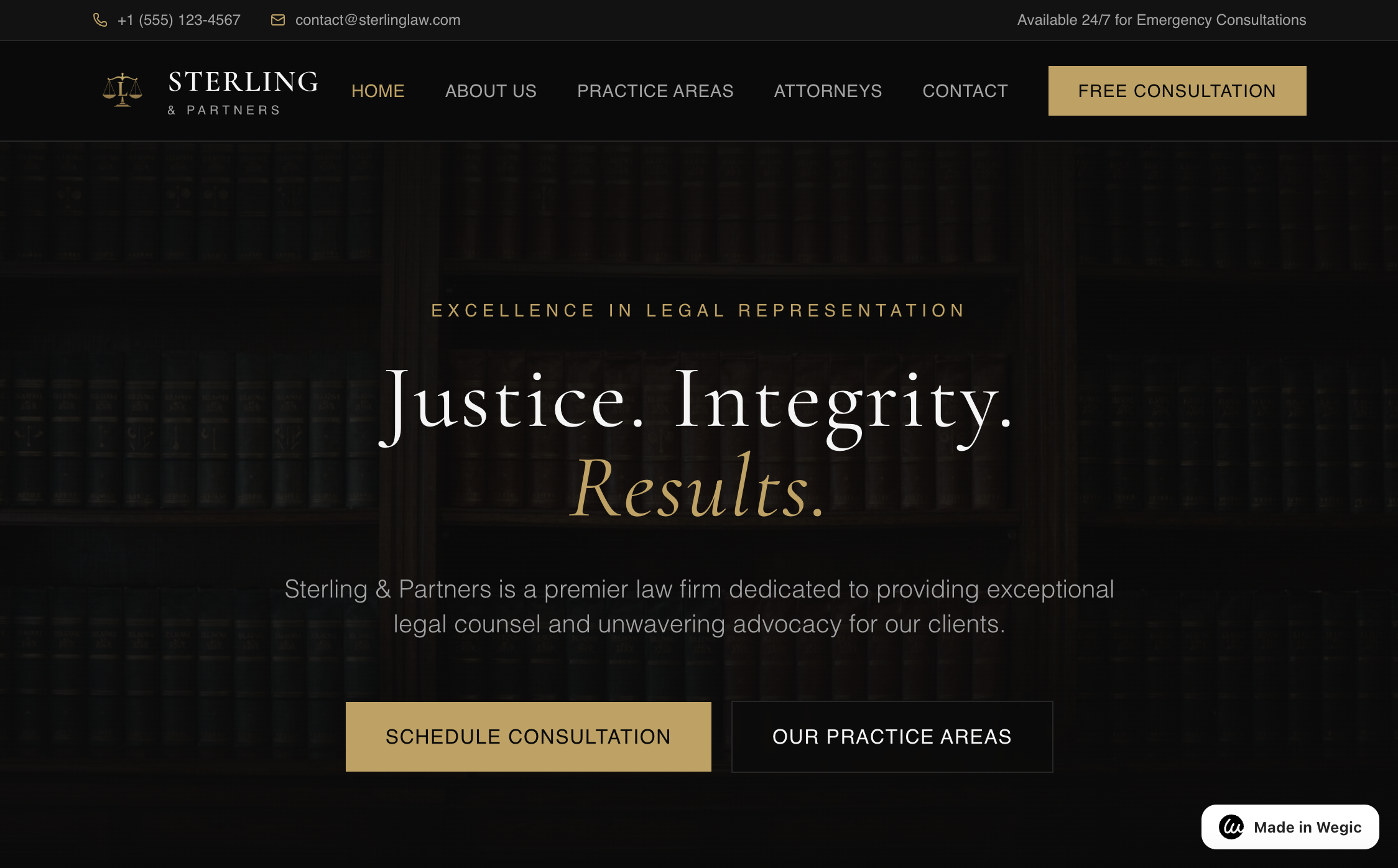 Sterling & Partners law firm demo homepage built with Wegic, showing a dark bookshelf hero with a "Justice. Integrity. Results." headline