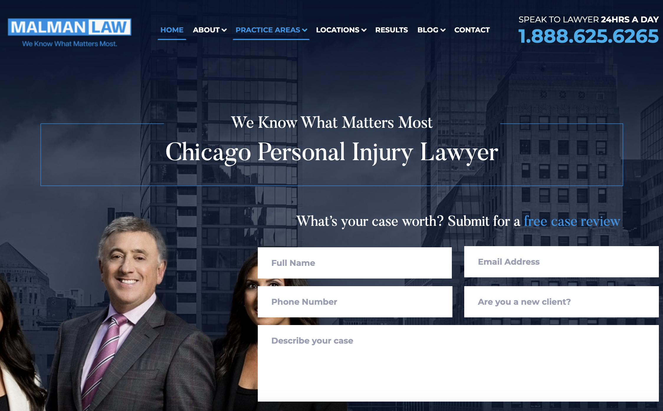 Malman Law 主页显示个人伤害团队页面,带有头像和7.5亿美元追回统计数据