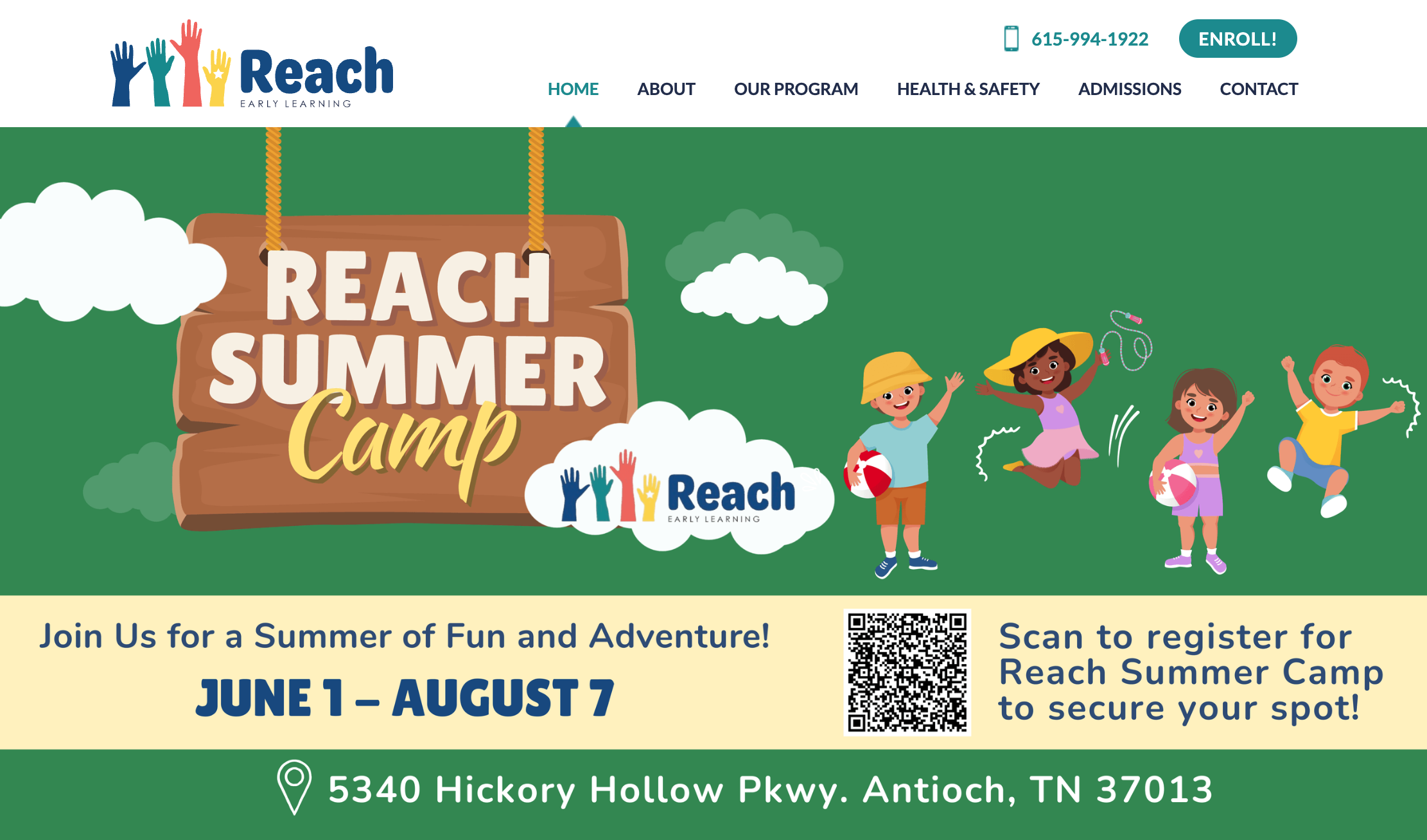 「生涯の達成への旅立ち」というヒーローと登録ボタンがあるREACH Early Learning Centerのホームページ