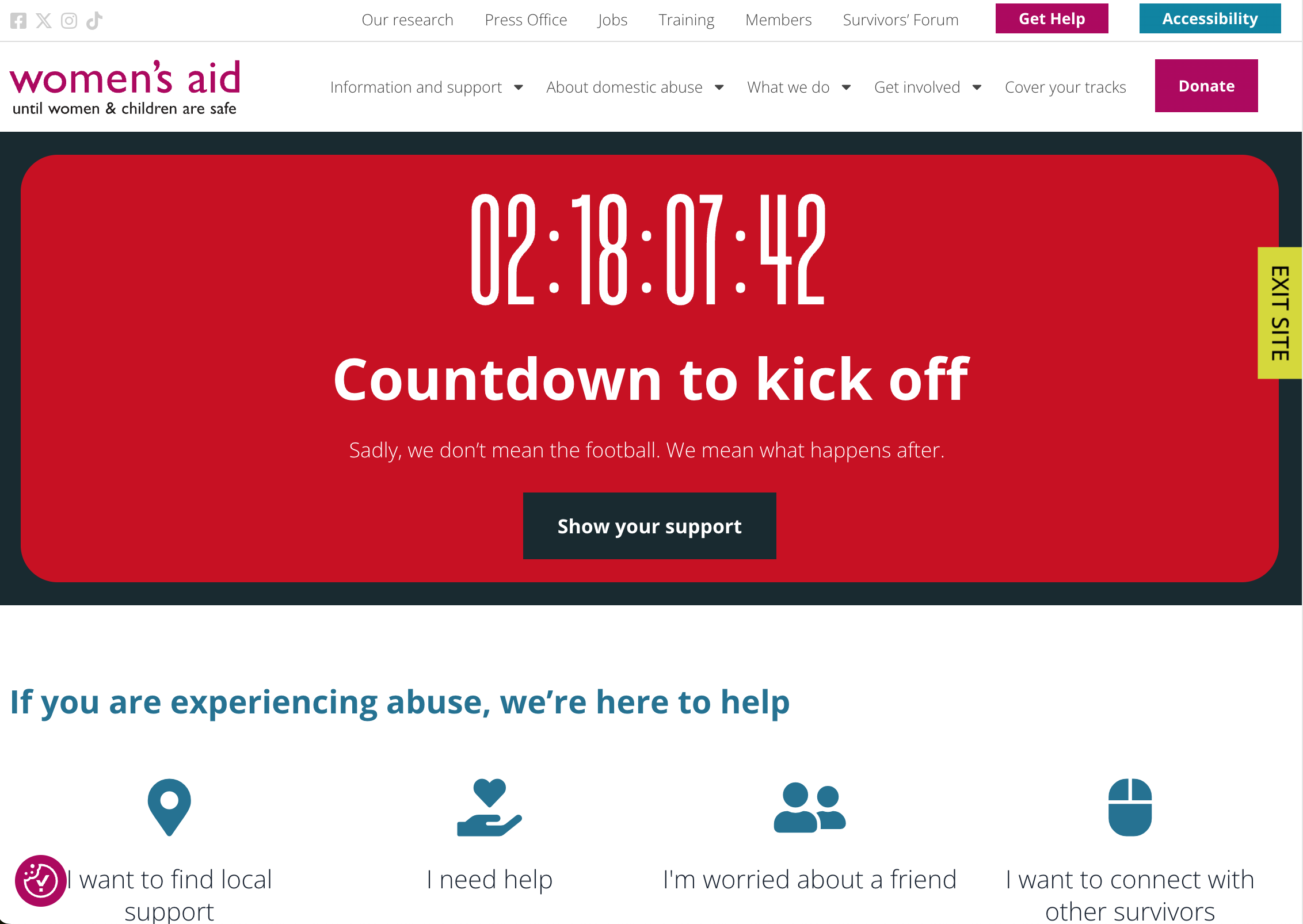 Women's Aid 主頁設有倒數計時器主視覺，顯示足球賽結束時間，該時段為家庭暴力事件高峰期